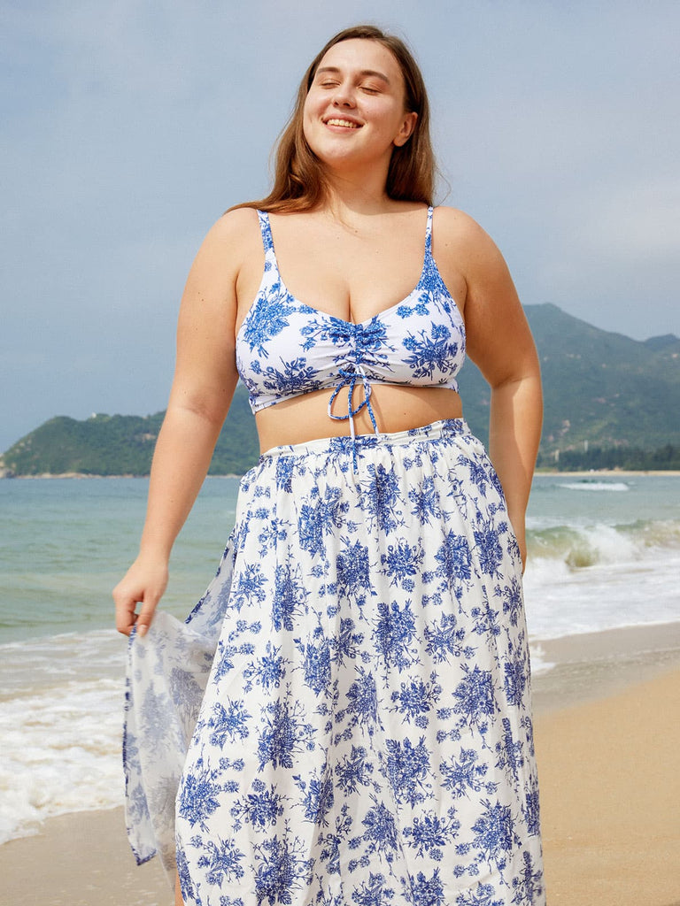 Blue Floral Plus Size Cover-up Skirt Sustainable Plus Size Cover-ups - BERLOOK