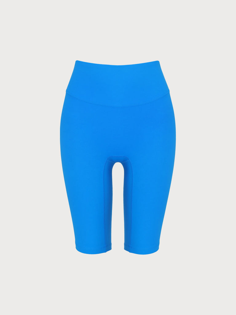 Blue High Waisted Yoga Shorts 10” Blue Sustainable Yoga Bottoms - BERLOOK
