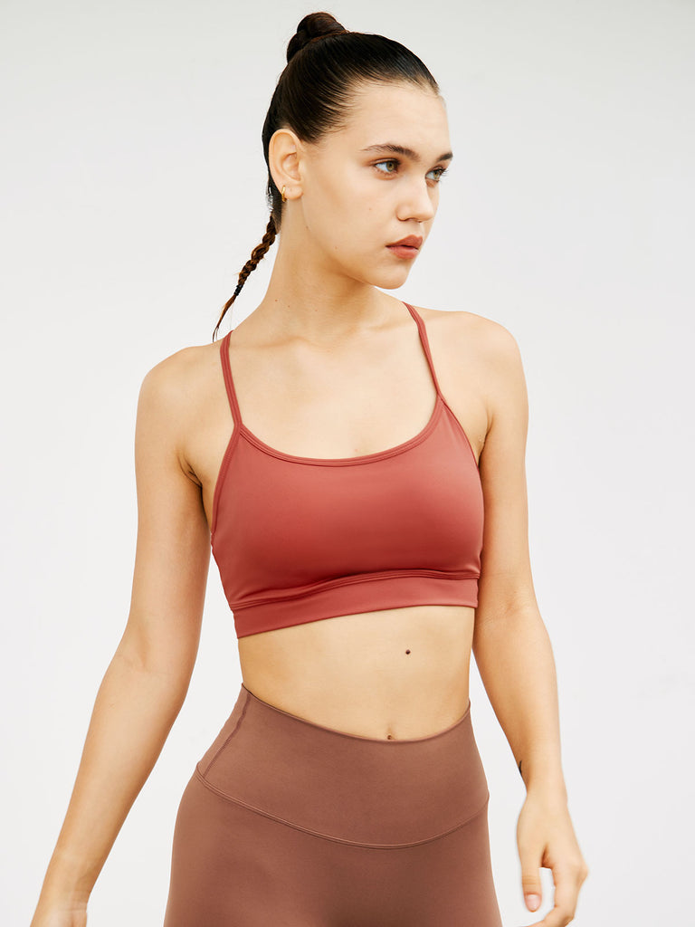 Brick Red Y-Back Sports Bra Sustainable Yoga Tops - BERLOOK