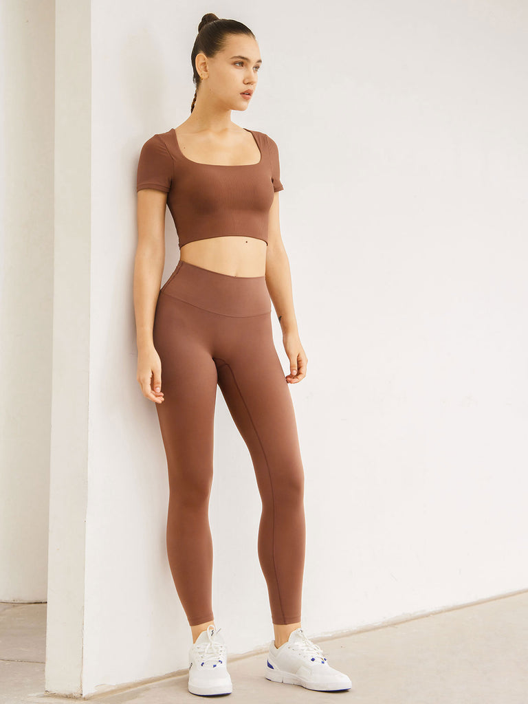 Brown Middle Waisted Leggings 25” Sustainable Yoga Bottoms - BERLOOK