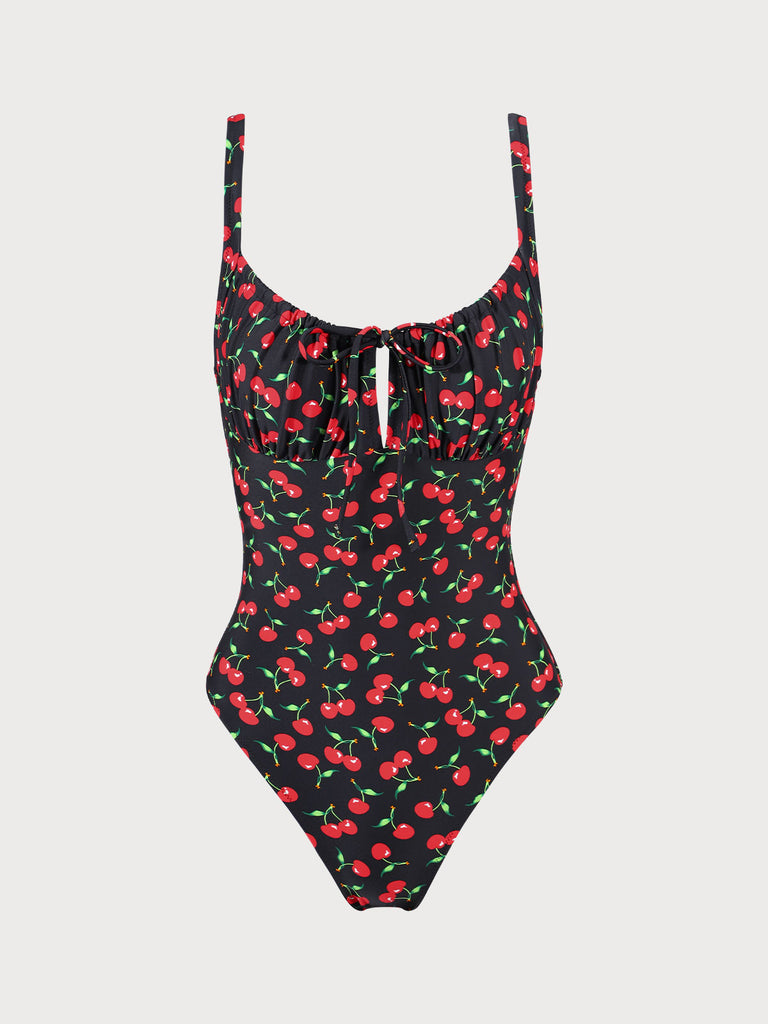 Cherry Cutout Tie One-Piece Swimsuit Black Sustainable One-Pieces - BERLOOK