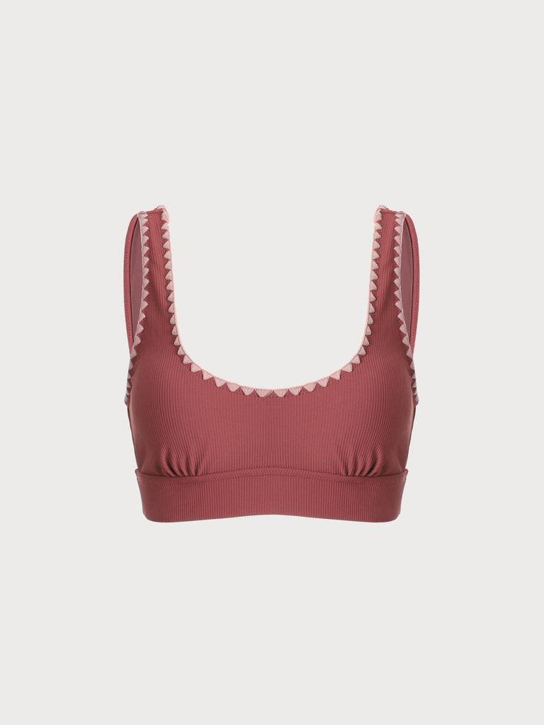 Contrast Stitch Longline Plus Size Bikini Top Brick Red Sustainable Plus Size Bikinis - BERLOOK