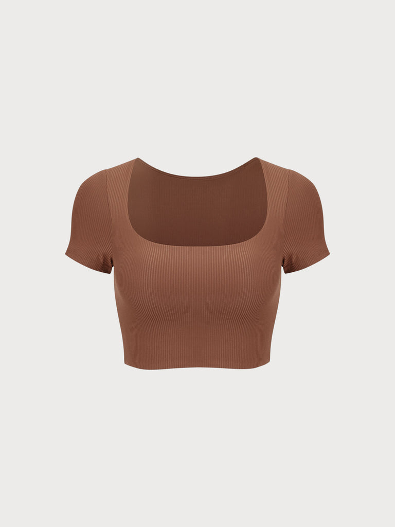 Cross Back Short Sleeve Top Brown Sustainable Yoga Tops - BERLOOK