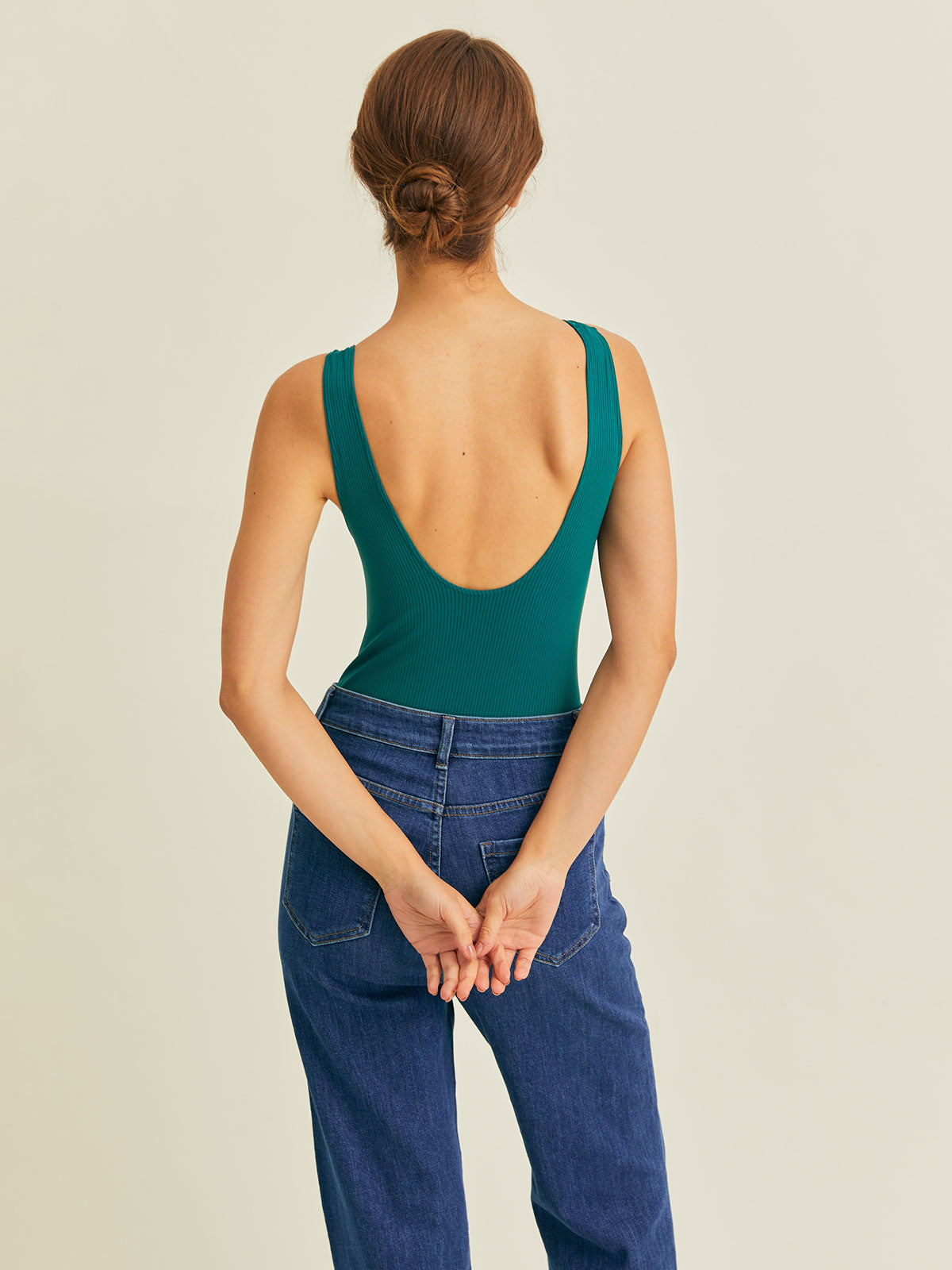 Dark Green U Neck Backless Sleeveless Bodysuit