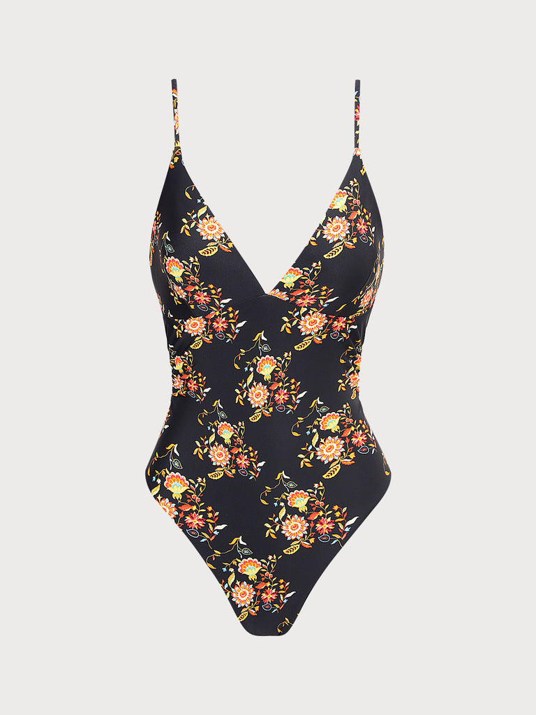 Floral Backless One-Piece Swimsuit Black Sustainable One-Pieces - BERLOOK