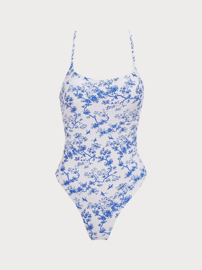 Floral Cross Back One-Piece Swimsuit Blue Sustainable One-Pieces - BERLOOK