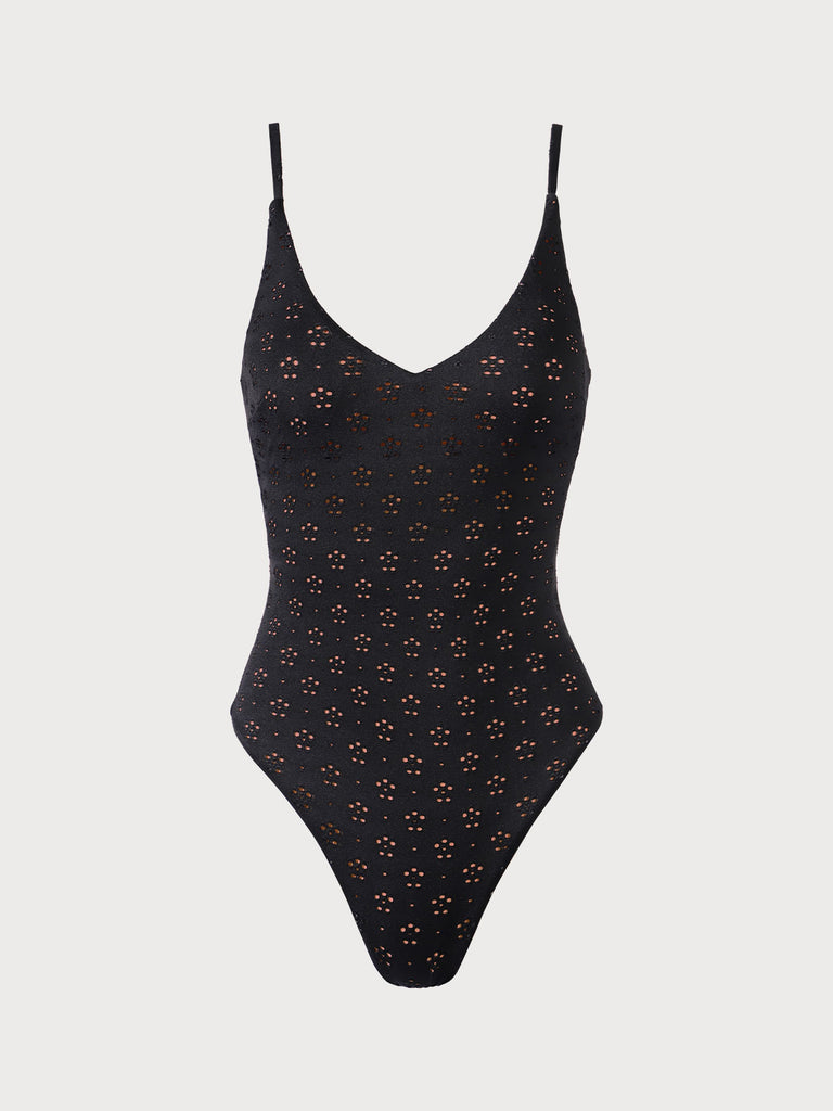 Floral Cutout Backless One-Piece Swimsuit Black Sustainable One-Pieces - BERLOOK