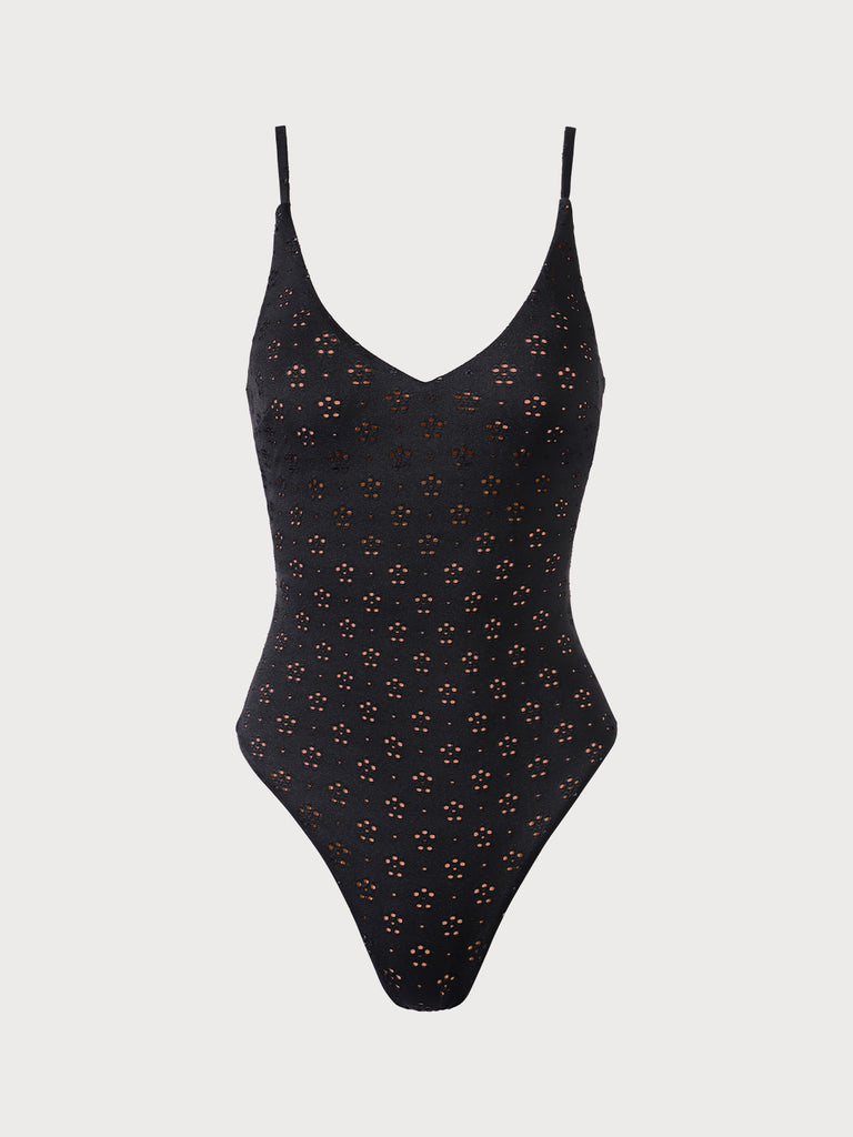 Floral Cutout Backless One-Piece Swimsuit Black Sustainable One-Pieces - BERLOOK