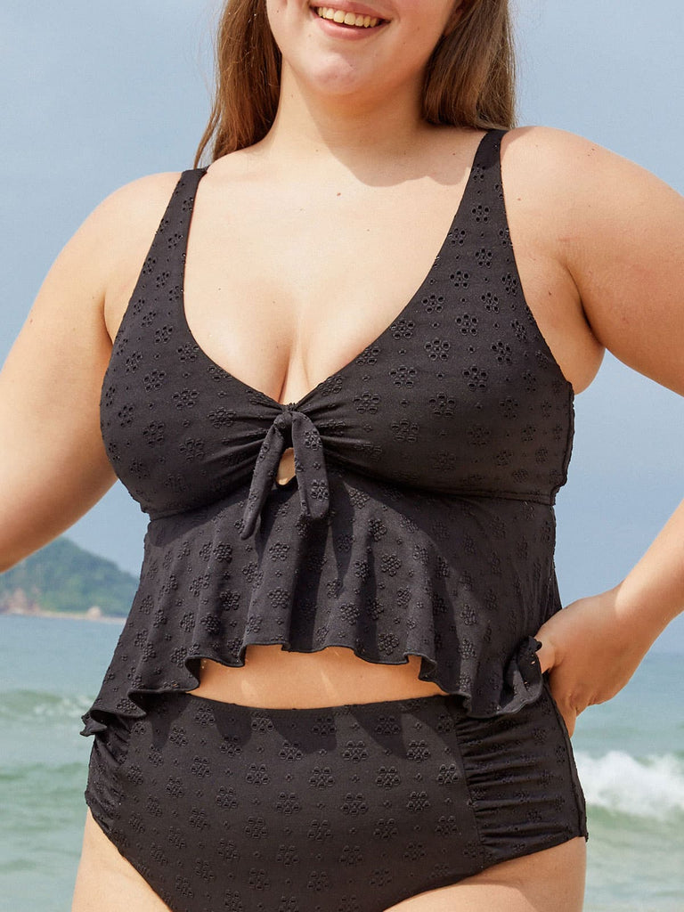 Floral Cutout Flounce Plus Size Tankini Top Black Sustainable Plus Size Tankinis - BERLOOK