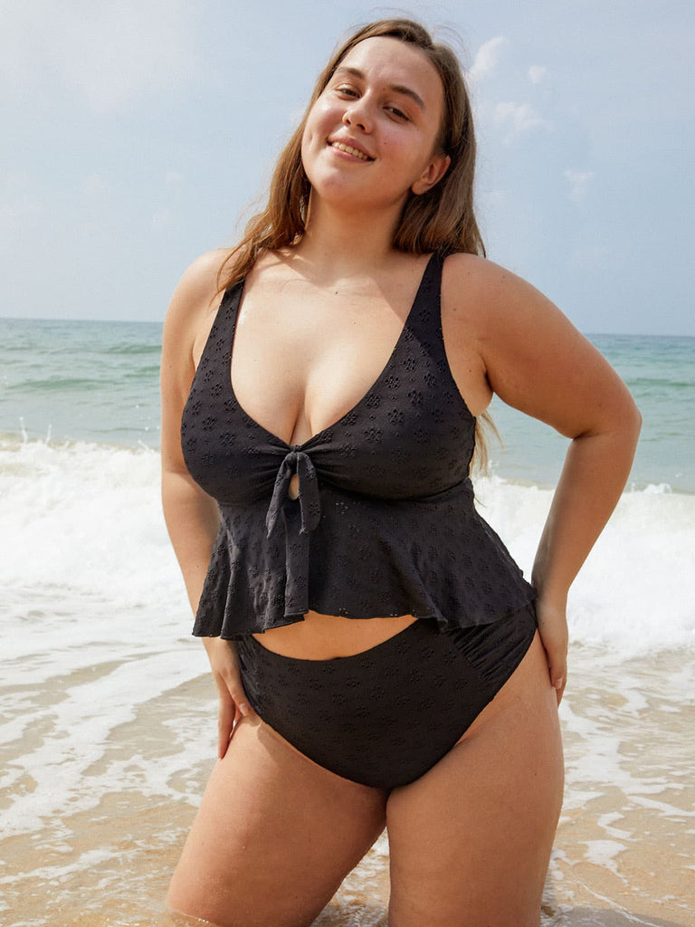 Floral Cutout Flounce Plus Size Tankini Top Sustainable Plus Size Tankinis - BERLOOK