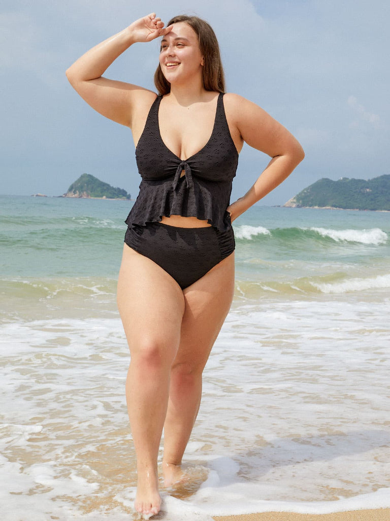 Floral Cutout Flounce Plus Size Tankini Top Sustainable Plus Size Tankinis - BERLOOK