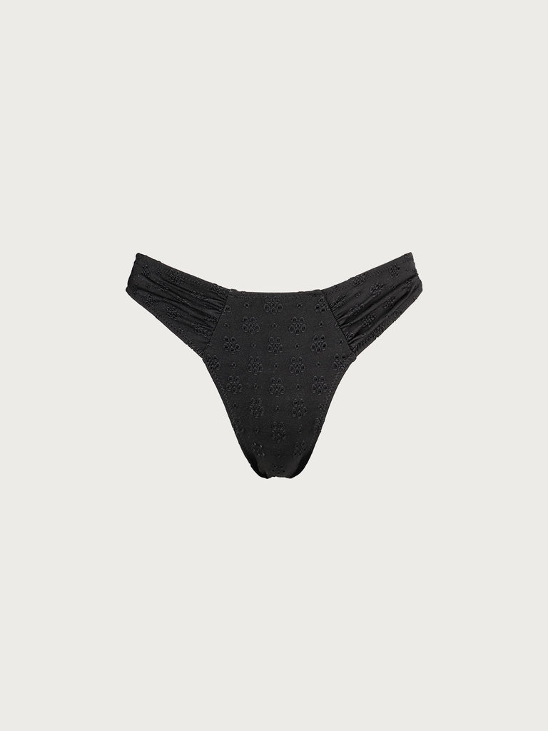 Floral Cutout Ruched Bikini Bottom Black Sustainable Bikinis - BERLOOK