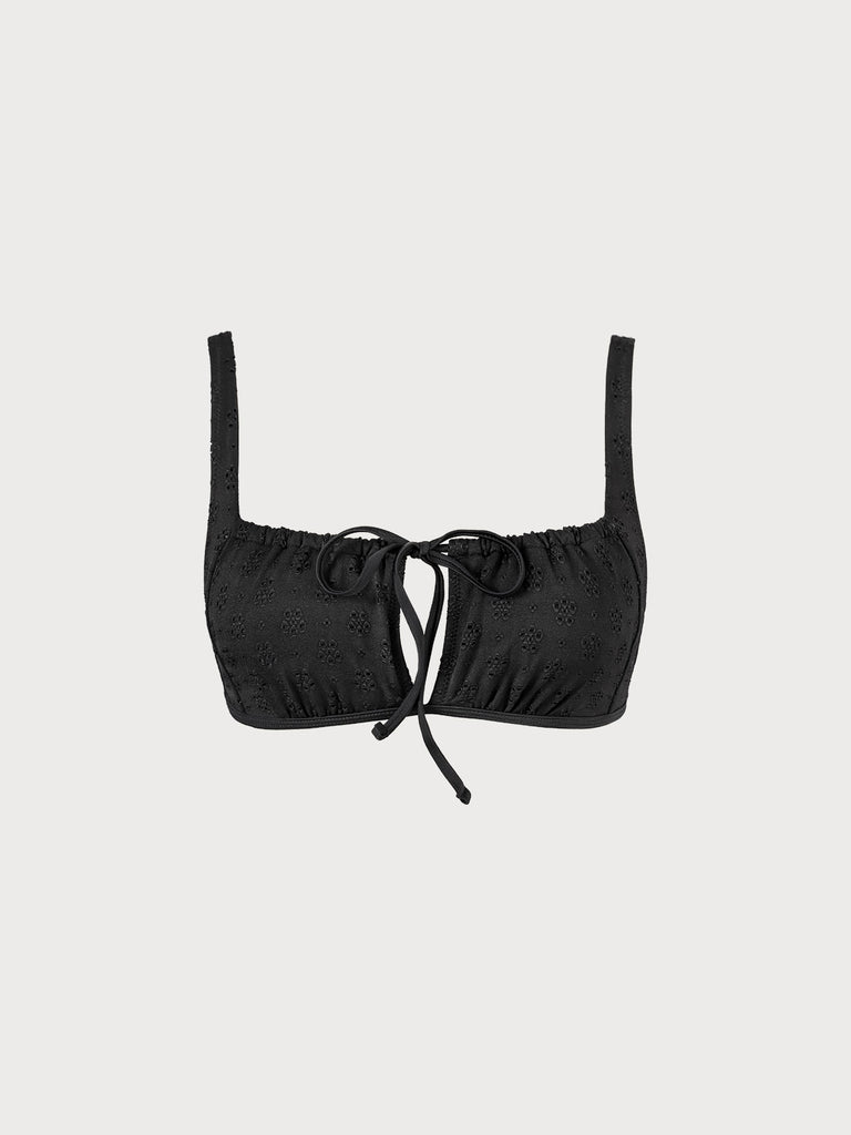 Floral Cutout Tie Front Bikini Top Black Sustainable Bikinis - BERLOOK