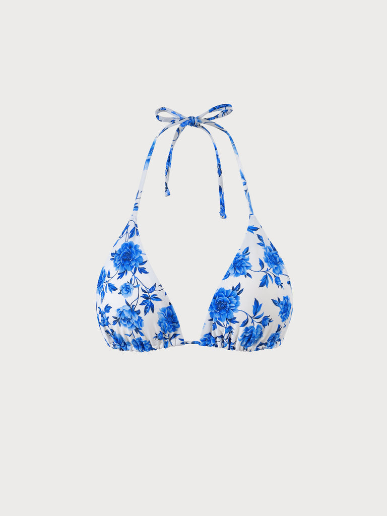 Floral Halter Triangle Bikini Top Blue Sustainable Bikinis - BERLOOK