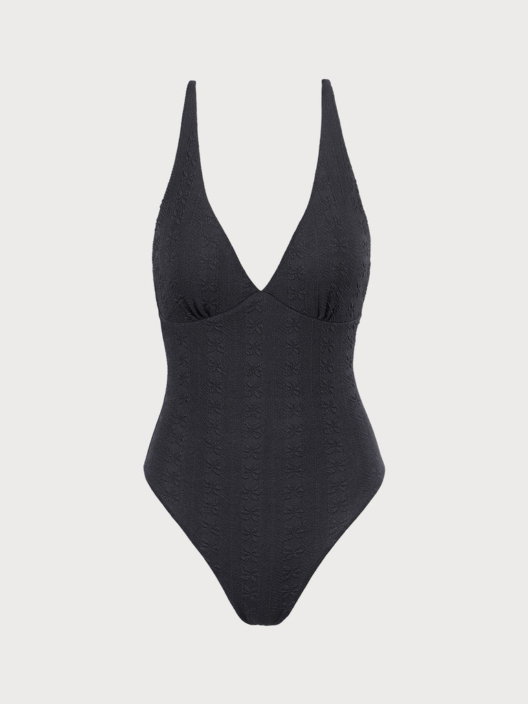 Floral Jacquard One-Piece Swimsuit Black Sustainable One-Pieces - BERLOOK