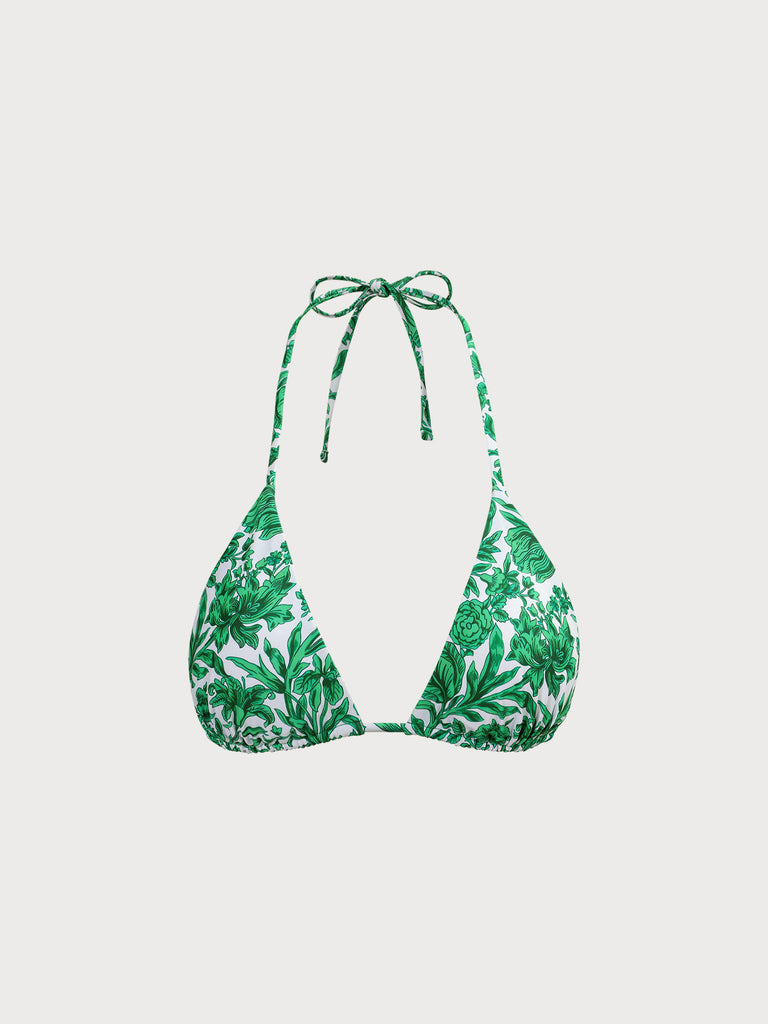 Green Floral Reversible Halter Triangle Bikini Top Green Sustainable Bikinis - BERLOOK