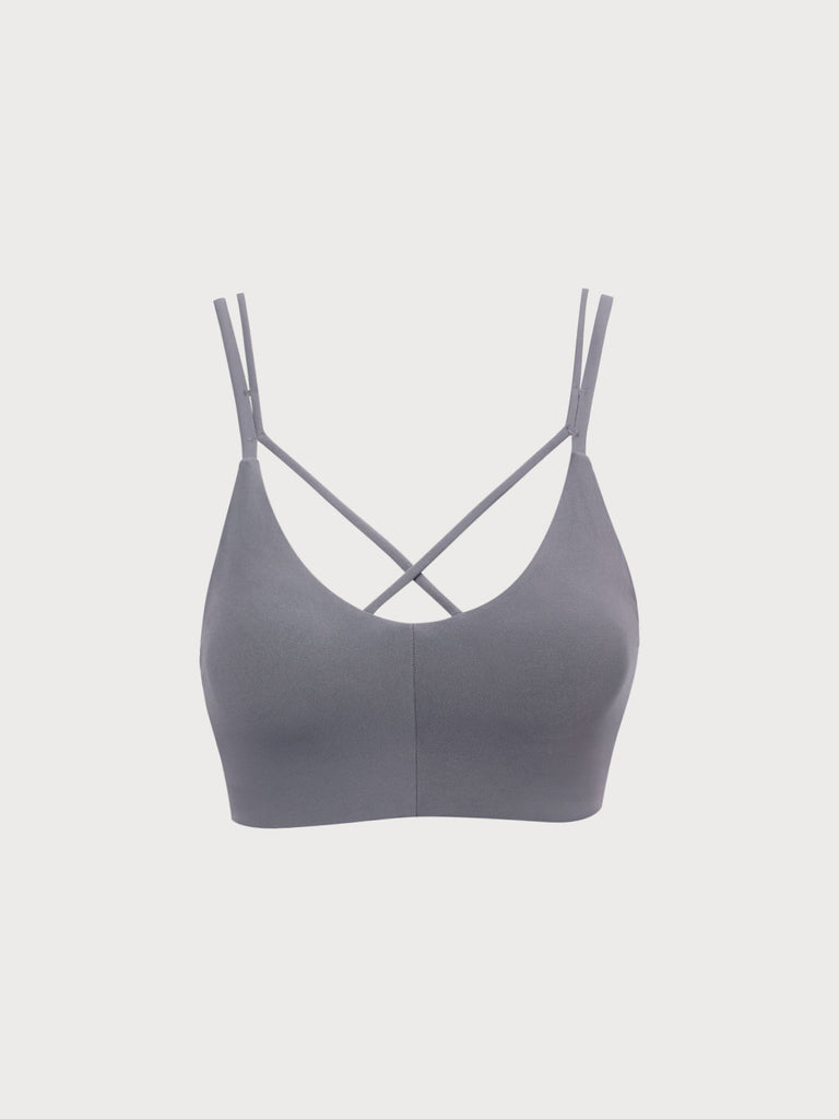 Grey Cross Front Sports Bra Grey Sustainable Yoga Tops - BERLOOK