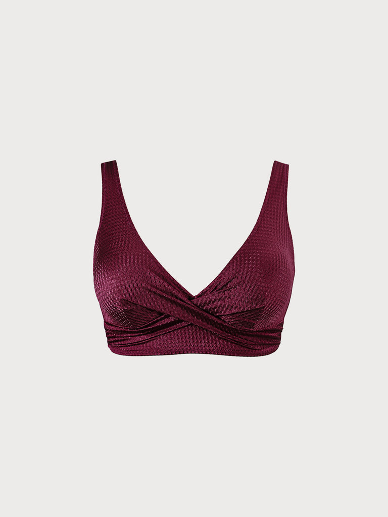 Jacquard Twist Front Plus Size Bikini Top Burgundy Sustainable Plus Size Bikinis - BERLOOK