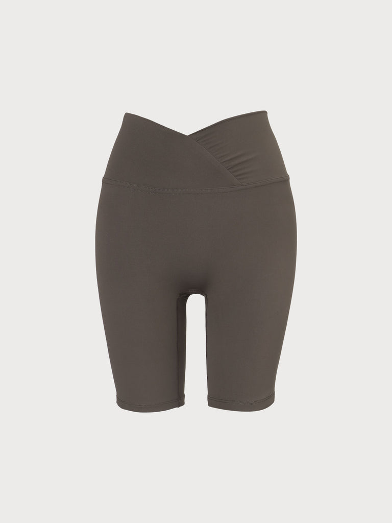 Khaki V-Shape Waist Yoga Shorts 8” Khaki Sustainable Yoga Bottoms - BERLOOK