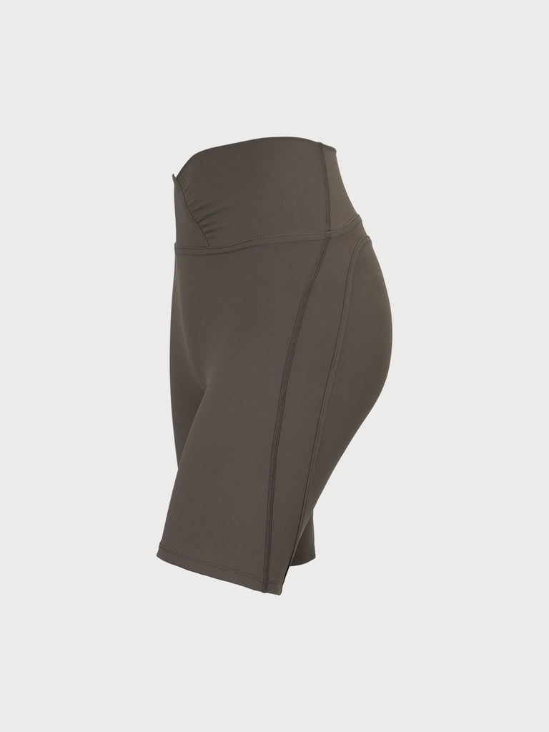 Khaki V-Shape Waist Yoga Shorts 8” Sustainable Yoga Bottoms - BERLOOK