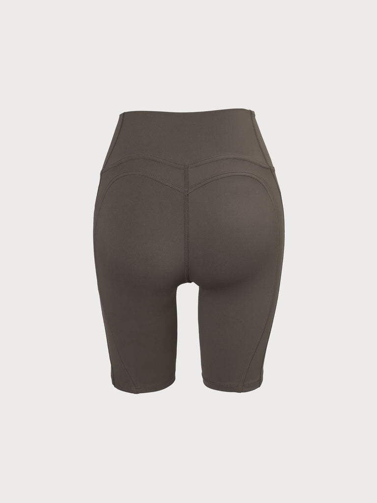 Khaki V-Shape Waist Yoga Shorts 8” Sustainable Yoga Bottoms - BERLOOK