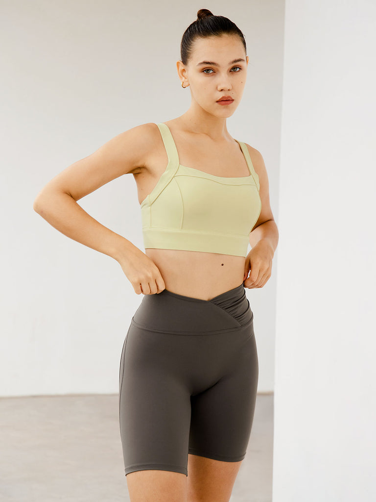 Khaki V-Shape Waist Yoga Shorts 8” Sustainable Yoga Bottoms - BERLOOK