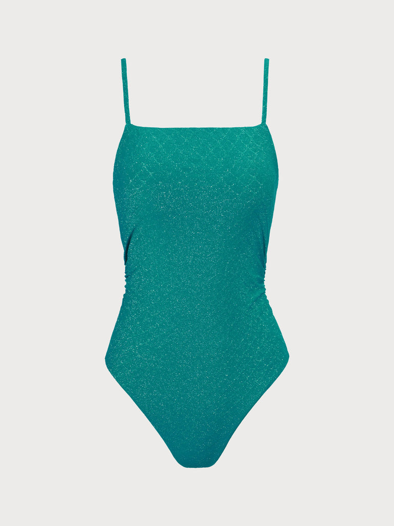 Lurex Jacquard Ruched One-Piece Swimsuit Dark Green Sustainable One-Pieces - BERLOOK