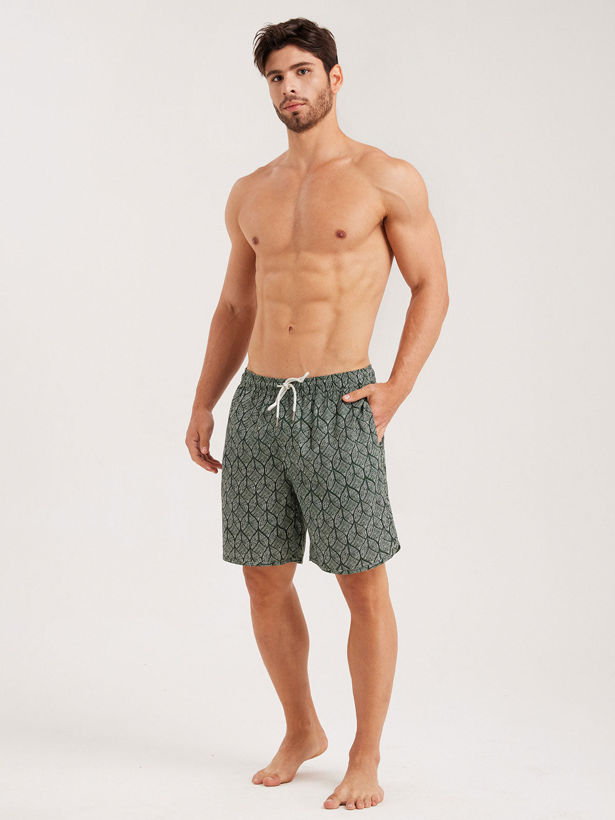 Men'S Woven Cotton And Linen Swim Shorts Green Sustainable Men's Beach Shorts - BERLOOK