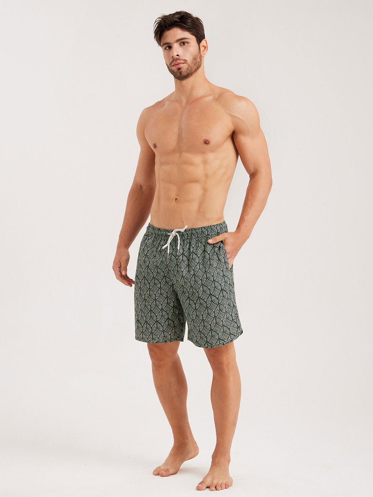 Men'S Woven Cotton And Linen Swim Shorts Green Sustainable Men's Beach Shorts - BERLOOK