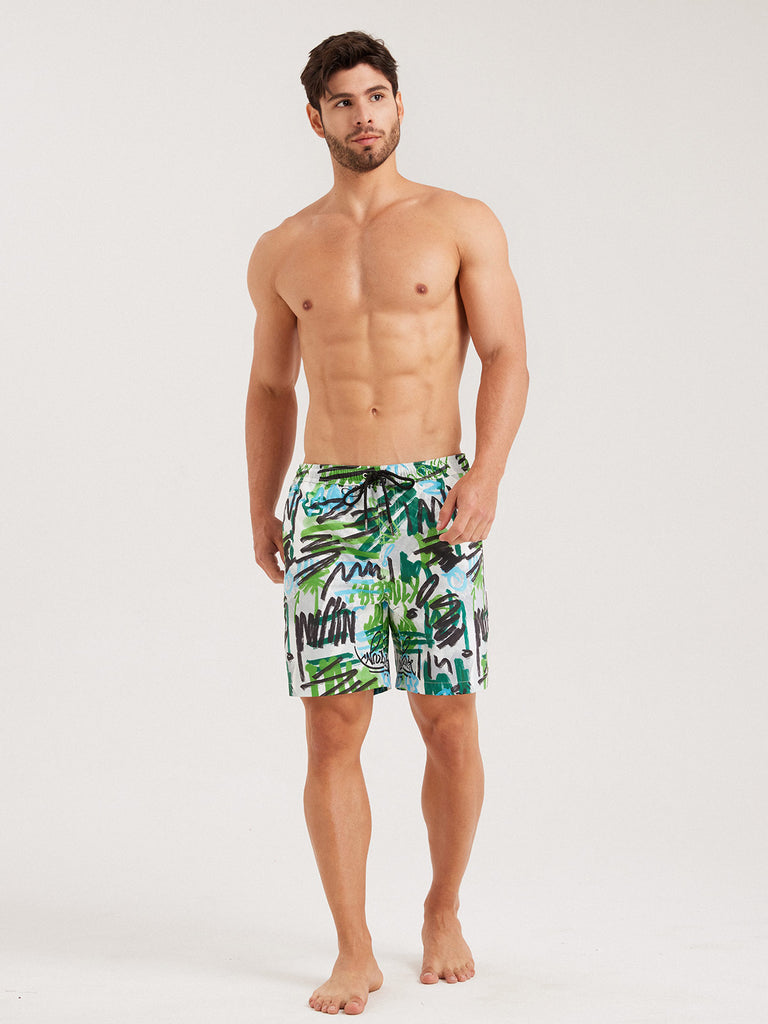 Men'S Woven Polyester Swim Shorts Green Sustainable Men's Beach Shorts - BERLOOK