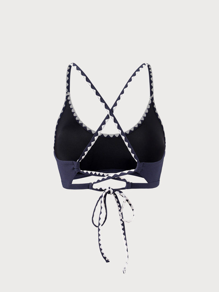 Navy Contrast Stitch Backless Bikini Top Sustainable Bikinis - BERLOOK