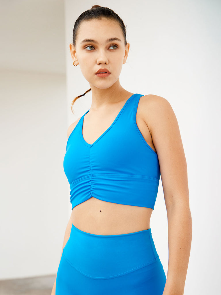 Navy Ruched Sports Bra Sustainable Yoga Tops - BERLOOK