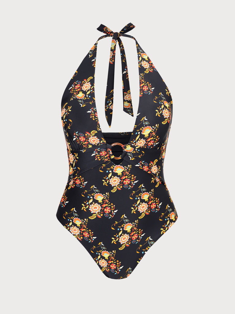 O-Ring Floral Halter Plus Size One-Piece Swimsuit Black Sustainable Plus Size One-Pieces - BERLOOK