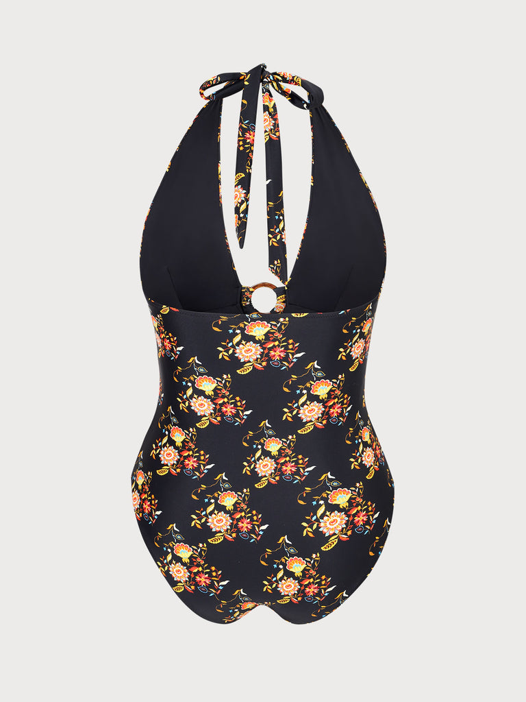 O-Ring Floral Halter Plus Size One-Piece Swimsuit Sustainable Plus Size One-Pieces - BERLOOK