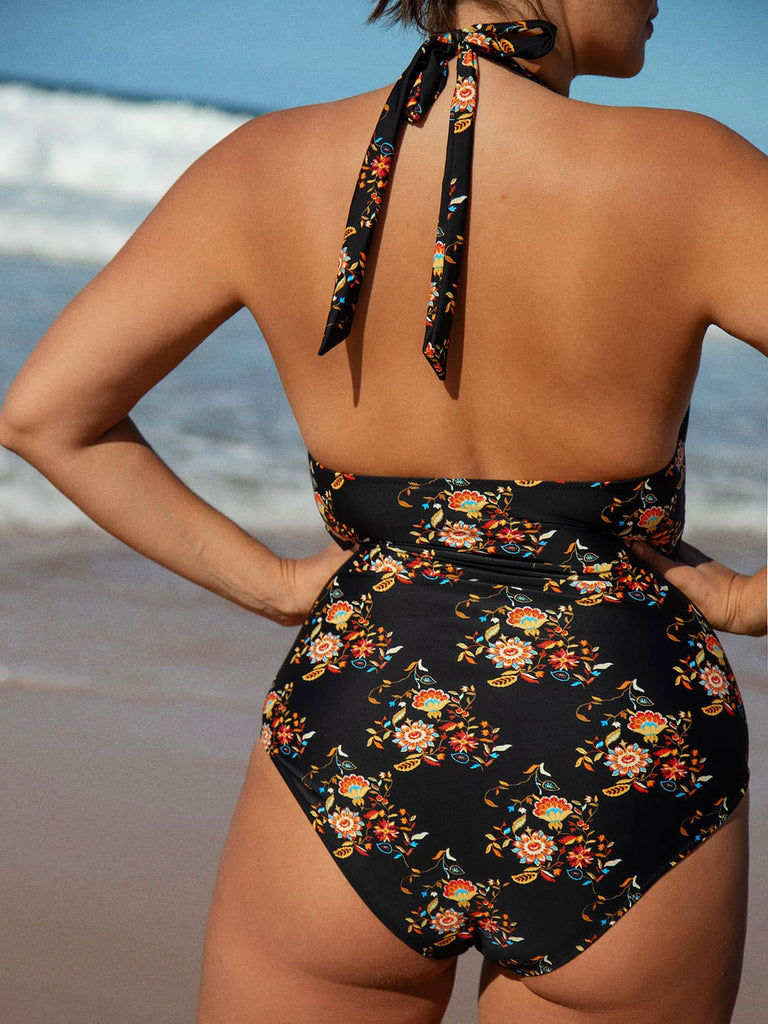 O-Ring Floral Halter Plus Size One-Piece Swimsuit Sustainable Plus Size One-Pieces - BERLOOK