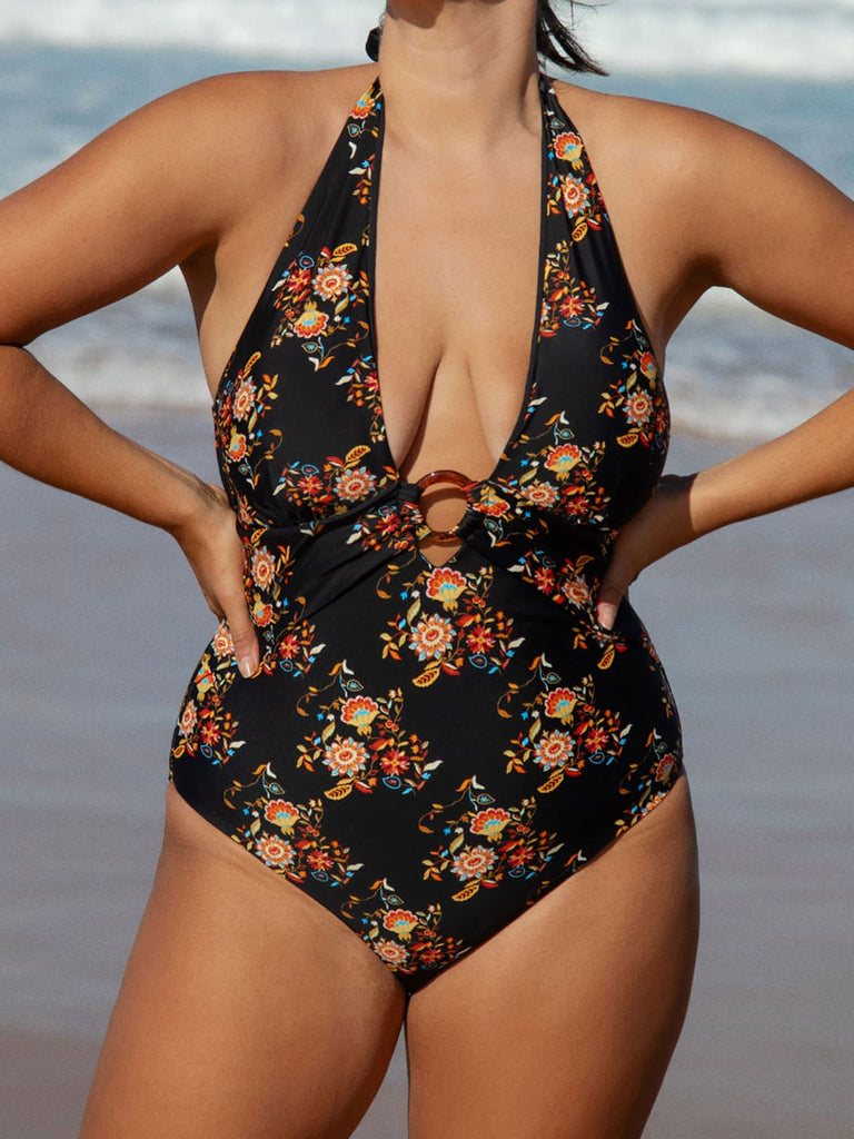 O-Ring Floral Halter Plus Size One-Piece Swimsuit Sustainable Plus Size One-Pieces - BERLOOK