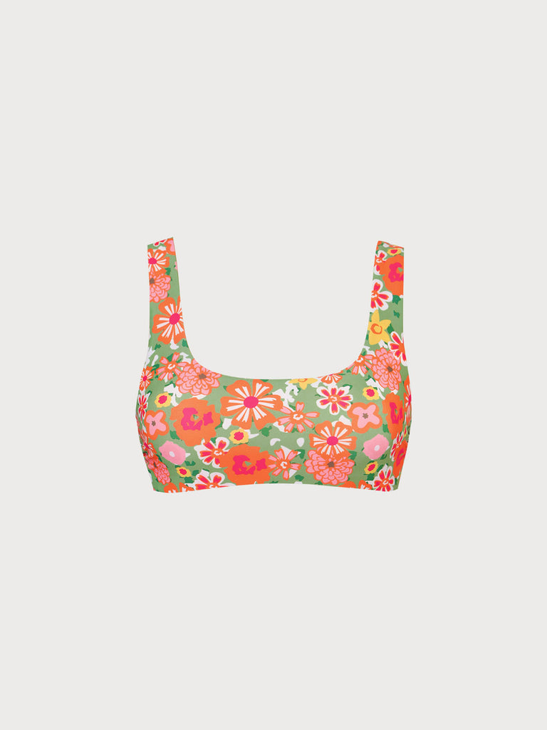 Orange U Neck Floral Bikini Top Orange Sustainable Bikinis - BERLOOK