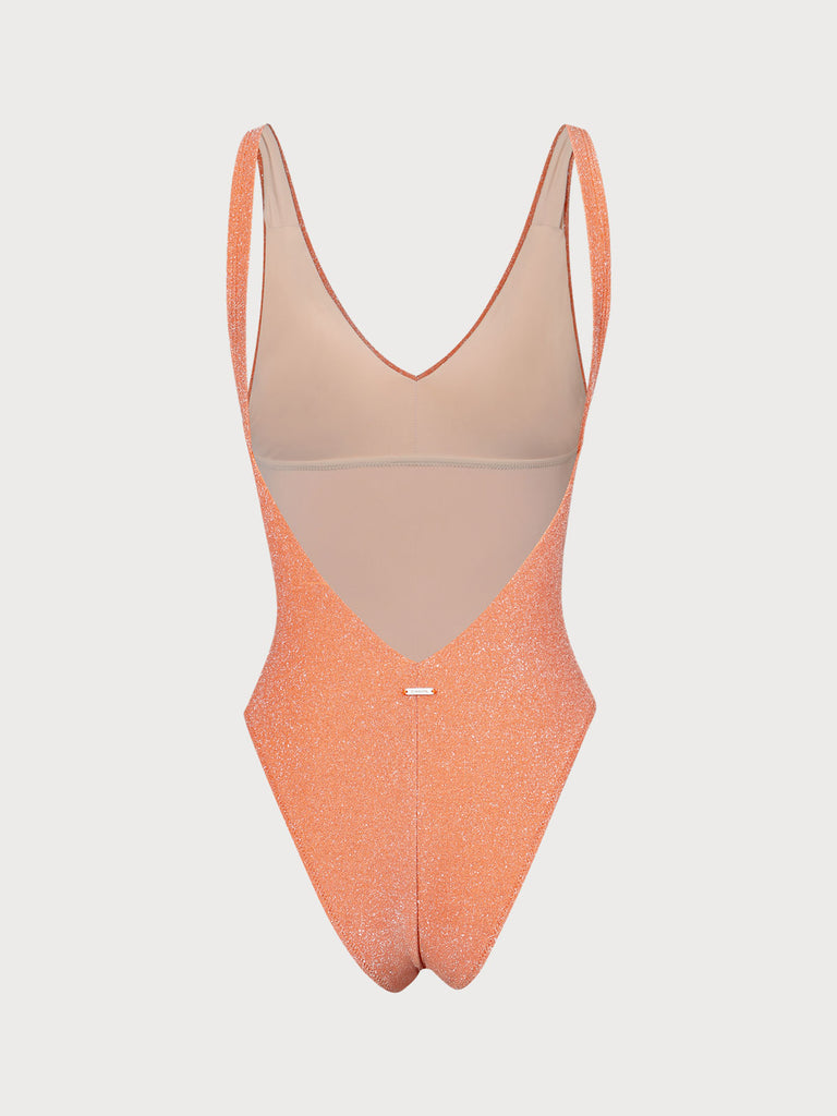 Orange V Neck Lurex One-Piece Swimsuit Sustainable One-Pieces - BERLOOK