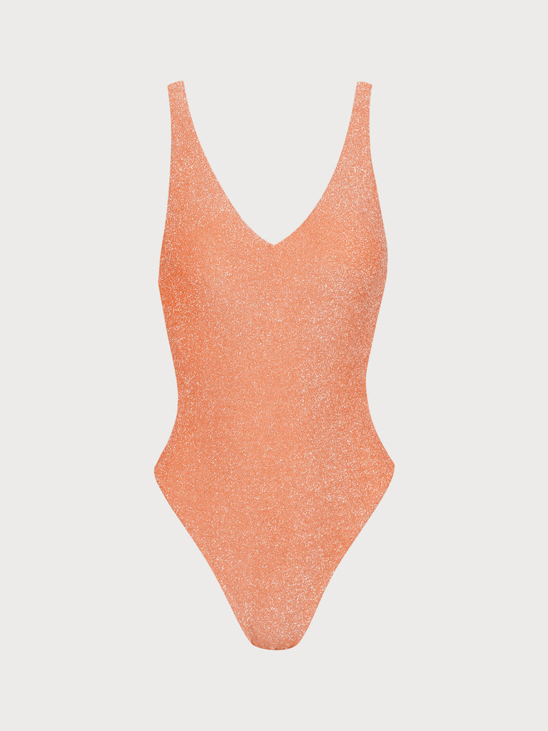 Orange V Neck Lurex One-Piece Swimsuit Sustainable One-Pieces - BERLOOK
