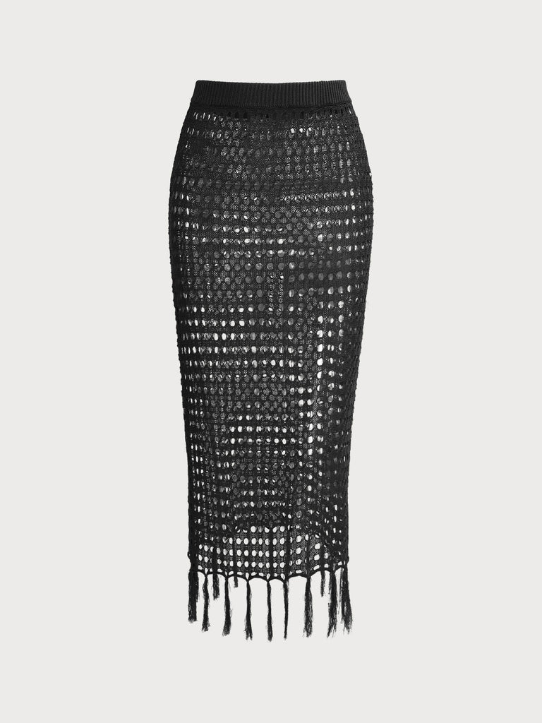 Pointelle-Knit Fringe Cover-Up Skirt Black Sustainable Cover-ups - BERLOOK