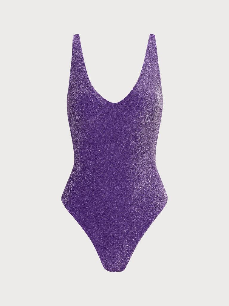 Purple Lurex Cross Back One-Piece Swimsuit Purple Sustainable One-Pieces - BERLOOK