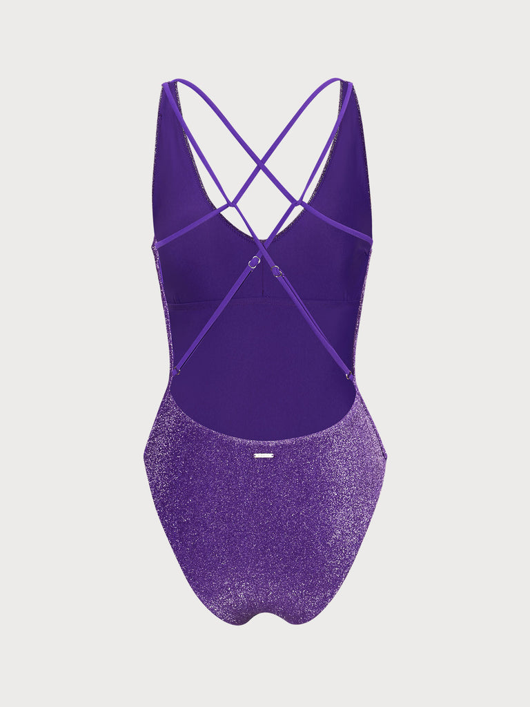 Purple Lurex Cross Back One-Piece Swimsuit Sustainable One-Pieces - BERLOOK