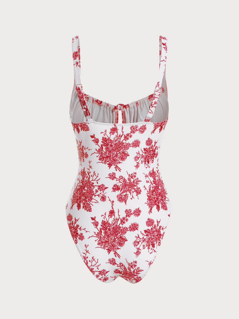 Red Floral Ruched One-Piece Swimsuit Sustainable One-Pieces - BERLOOK