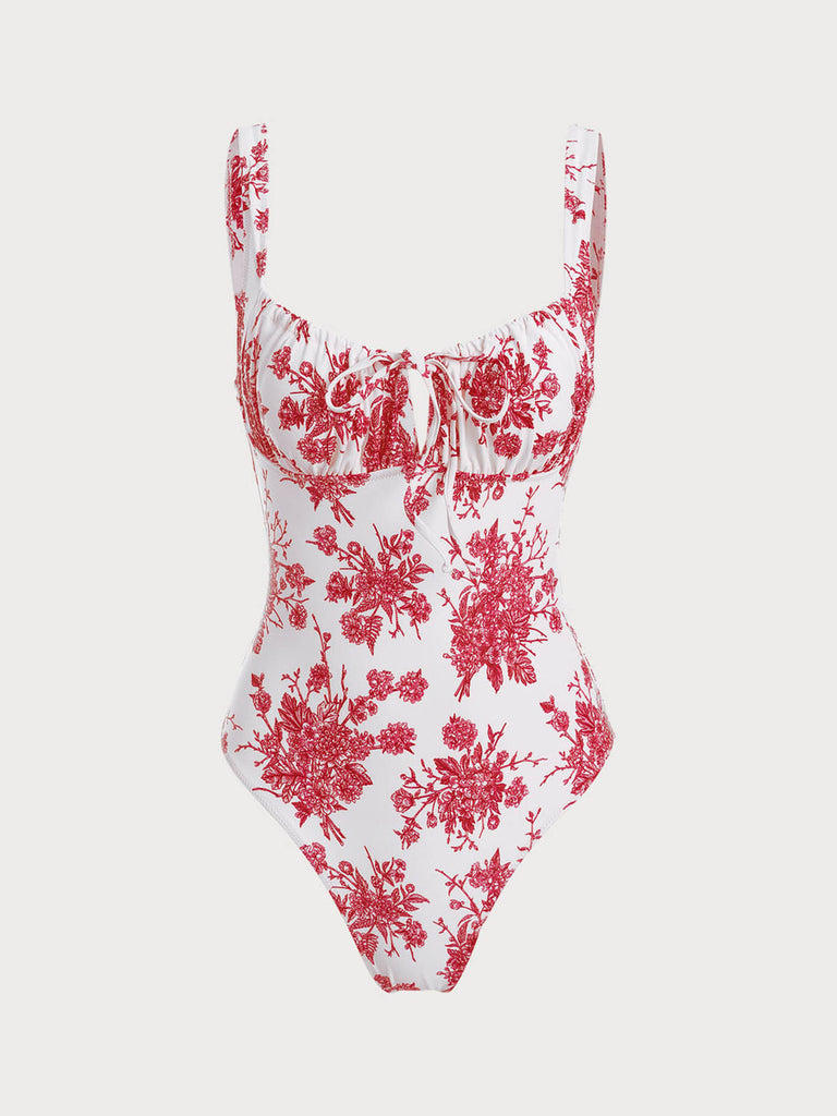 Red Floral Ruched One-Piece Swimsuit Sustainable One-Pieces - BERLOOK