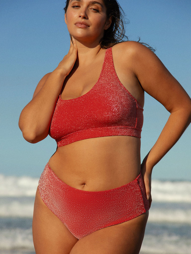 Red Lurex Plus Size Bikini Bottom Sustainable Plus Size Bikinis - BERLOOK