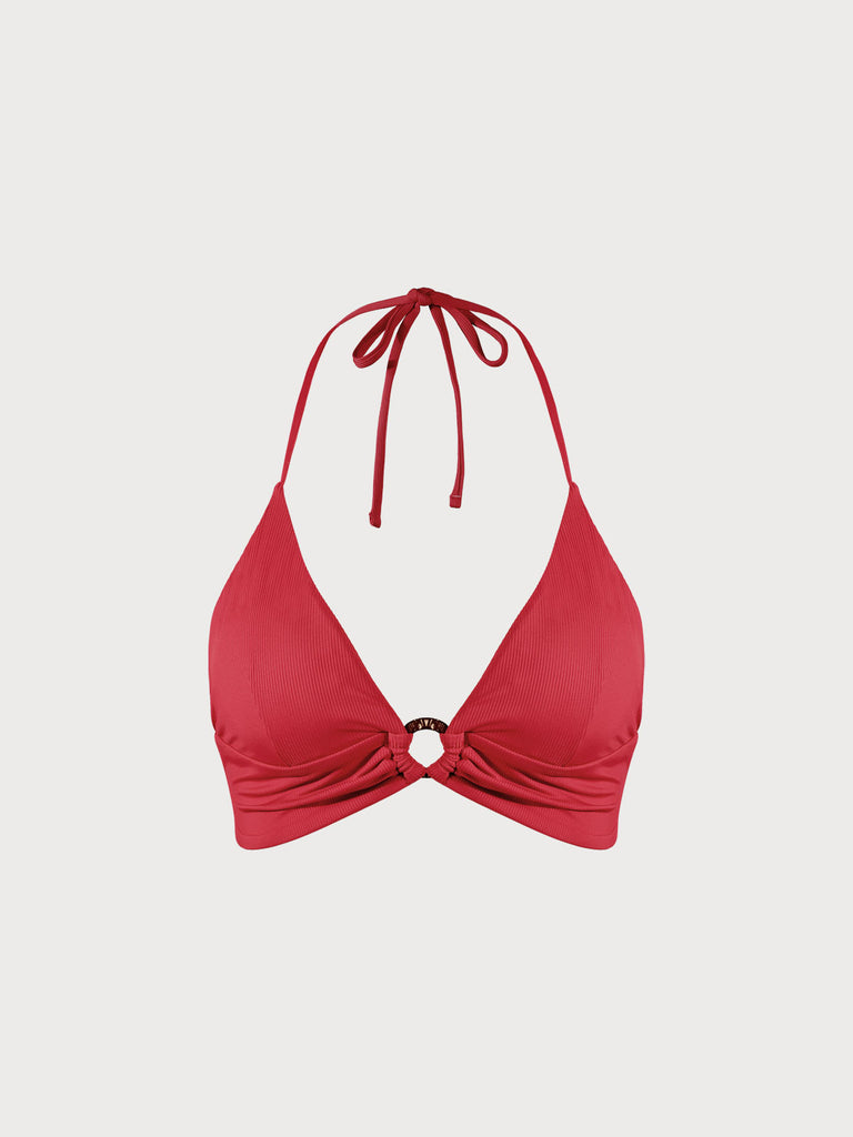 Red O-Ring Backless Halter Bikini Top Red Sustainable Bikinis - BERLOOK