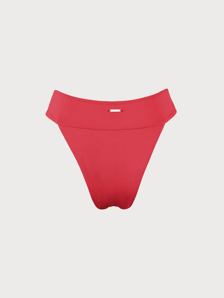 Red Ribbed High Cut Wide Waistband Bikini Bottom Sustainable Bikinis - BERLOOK
