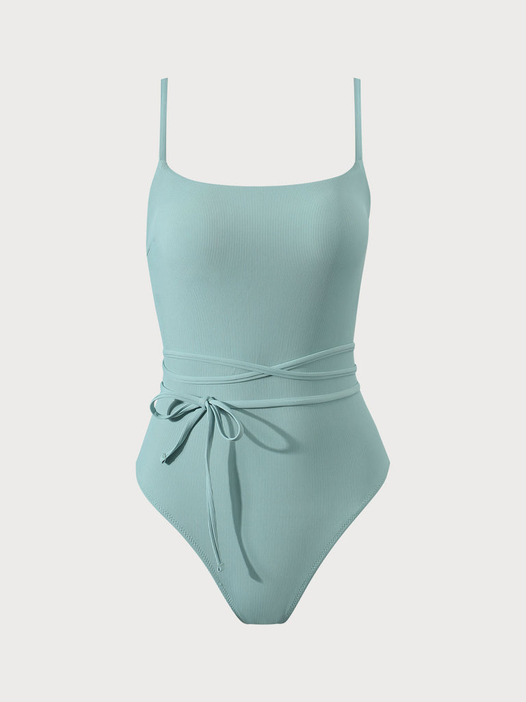 Ribbed Cross Back One-Piece Swimsuit Cyan Sustainable One-Pieces - BERLOOK