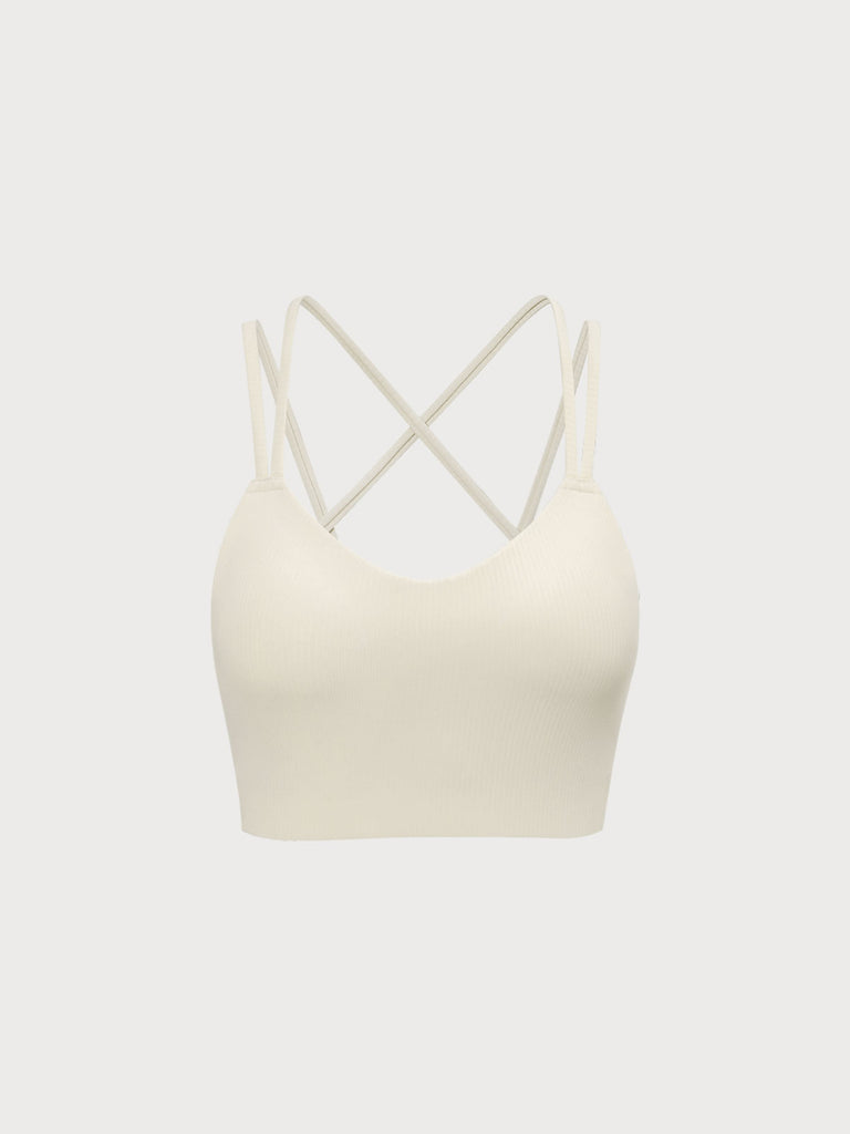 Ribbed Cross Back Sports Bra Apricot Sustainable Yoga Tops - BERLOOK