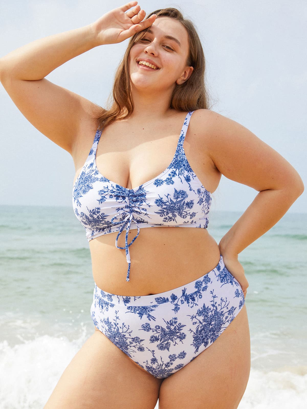 Ruched Floral Plus Size Bikini Top & Reviews - Blue - Sustainable Plus Size  Bikinis